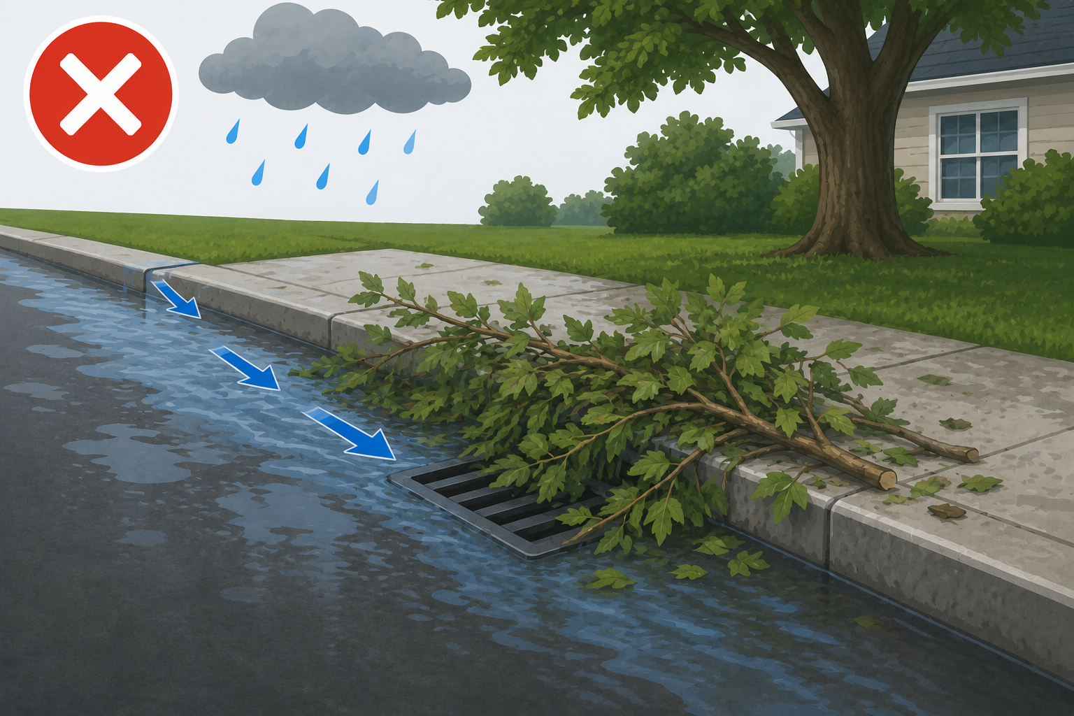 Tree baranches blocking rainwater from going into a street drain