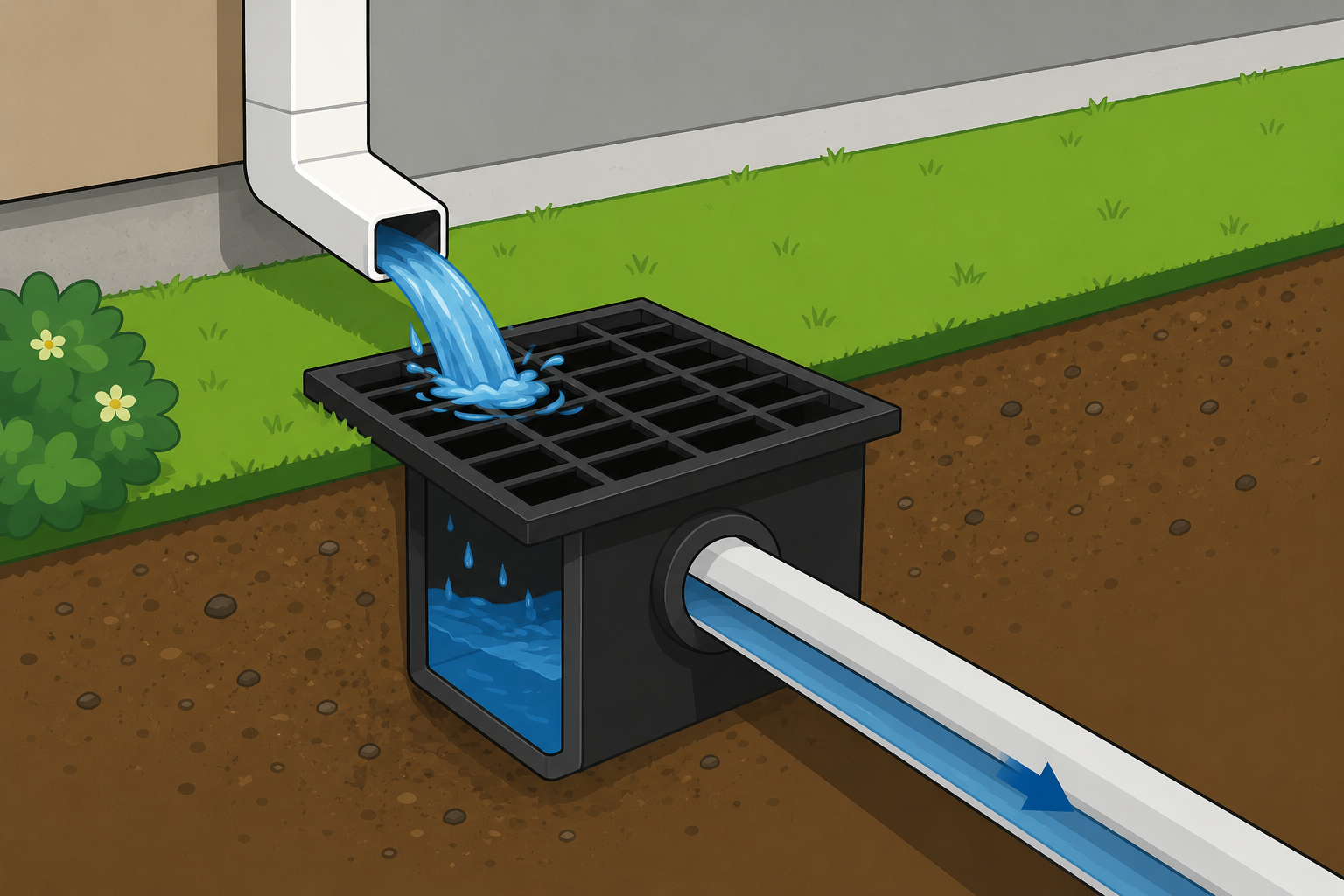 Downspout discharging rainwater into a catch basin