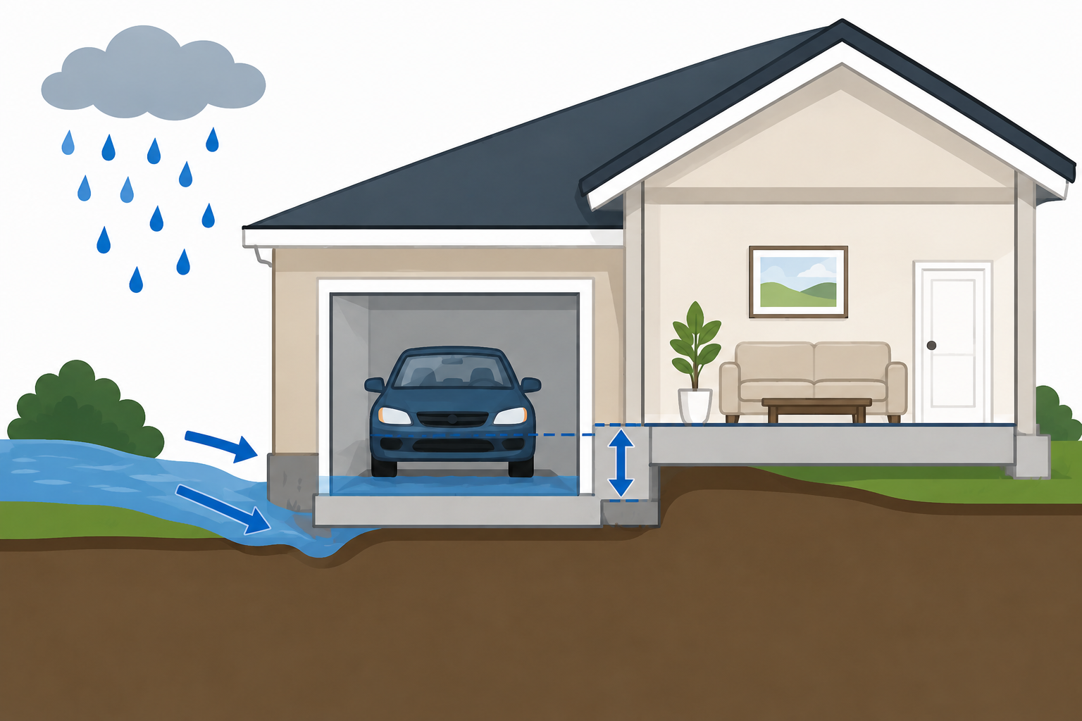 rainwater entering into a garage, which shows it sitting lower than other house rooms
