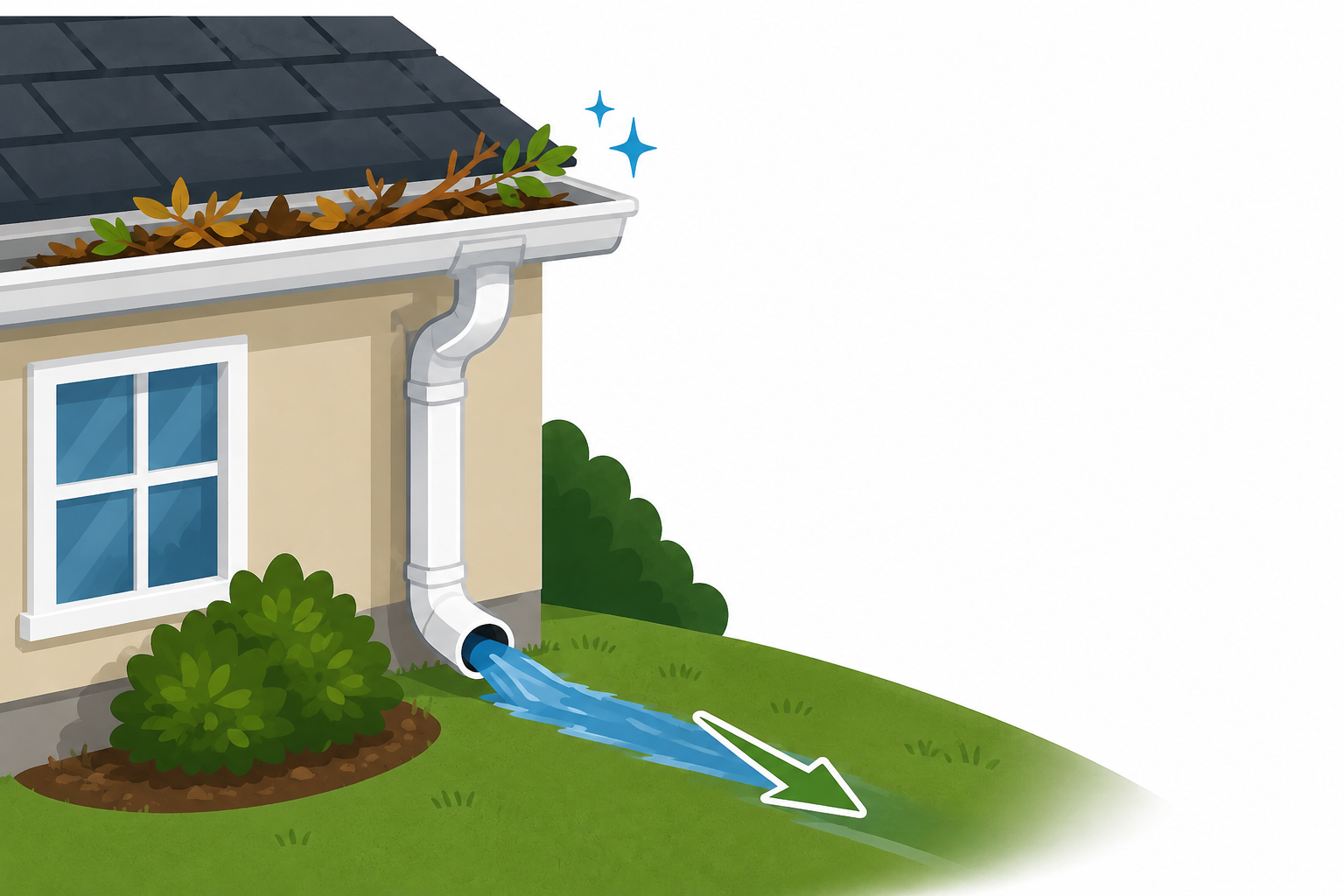 Rainwater coming out of a downspout and leaves inside a gutter