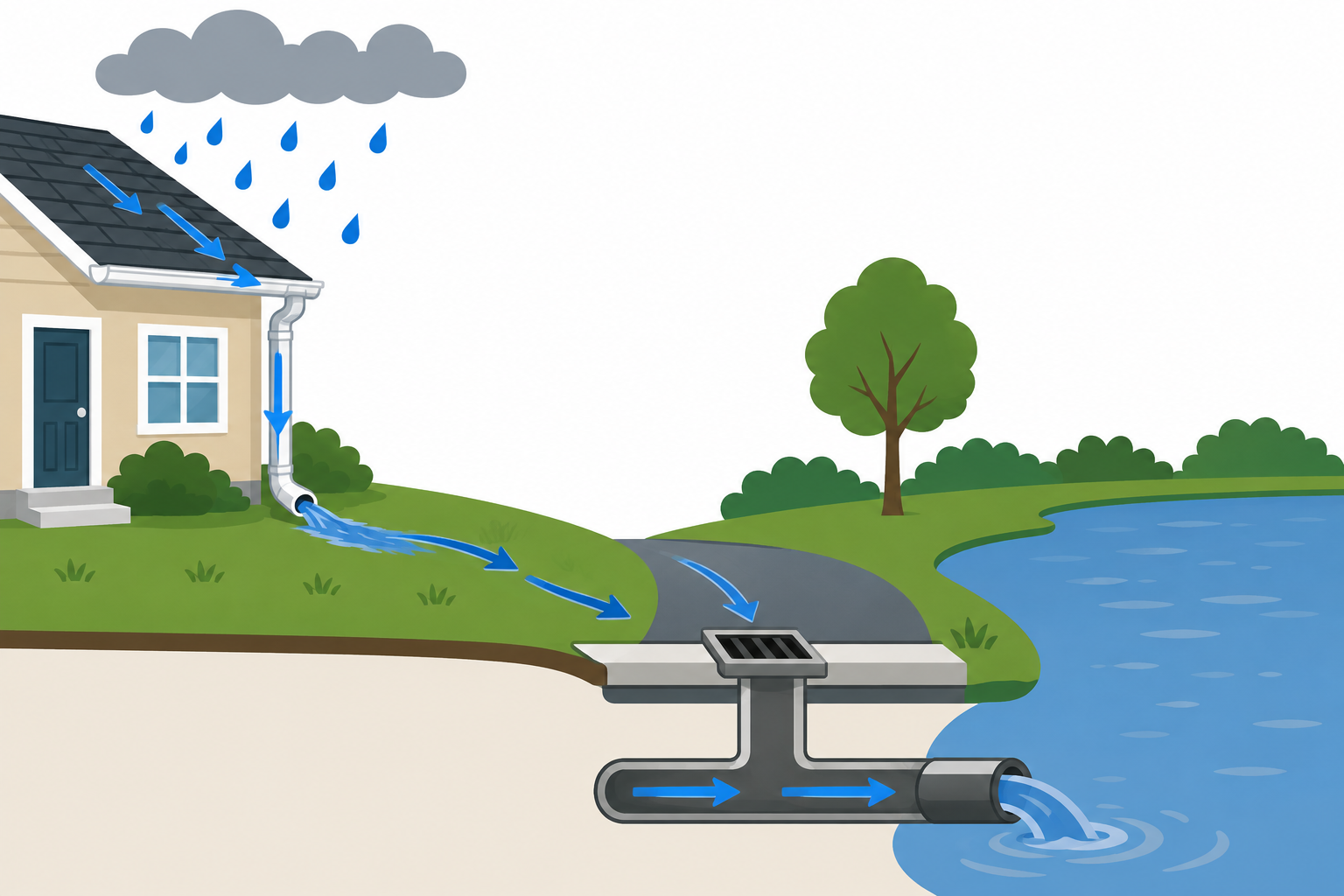 Rainwater flow, going from roofs into a street drain and then into a lake.