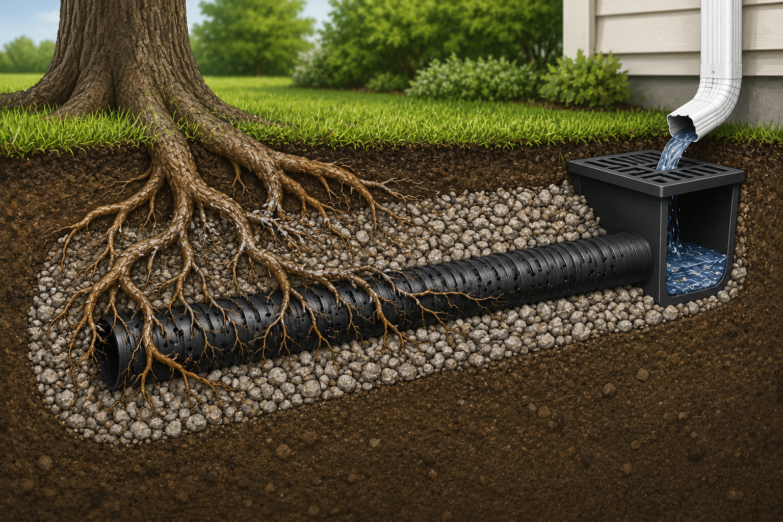 Tree roots grwing into a french drain causing blockage