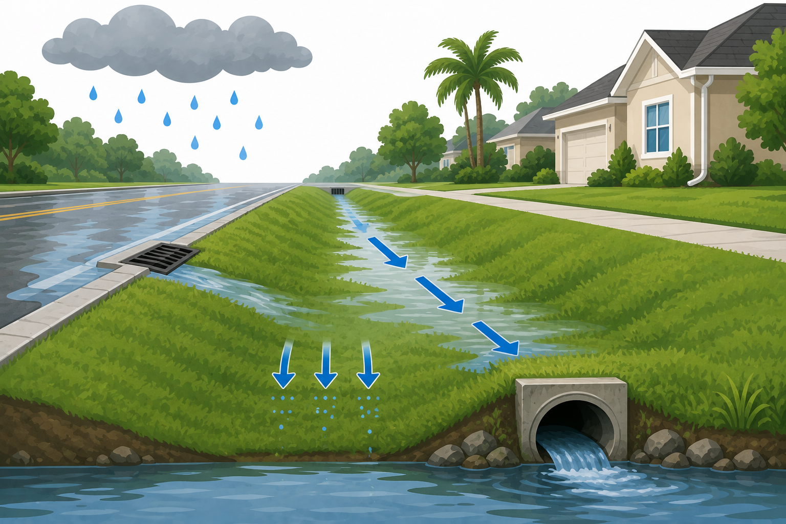 Rainwater collected inside a swale, and the rainwater going into swale drainage pipe