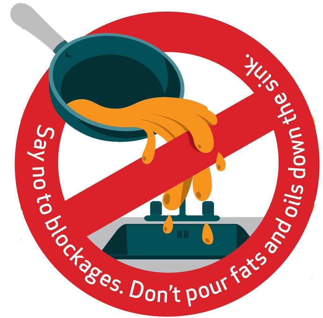 Fats Oil and Grease being pured down a drain with a don't do it sign